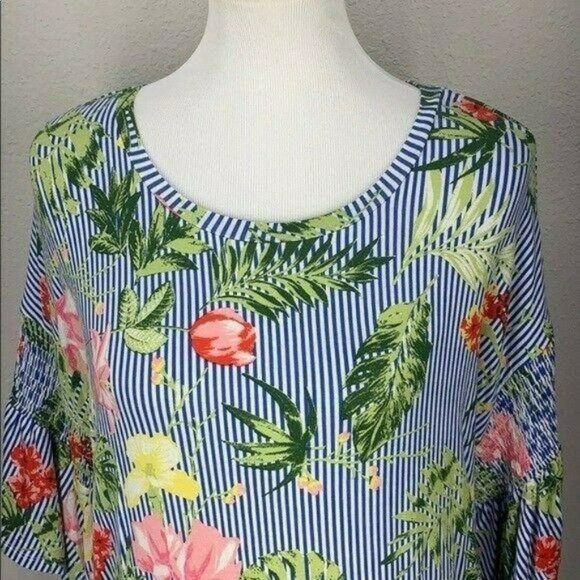 Allison Brittney Floral & Striped Blouse With Flared Sleeves Womens L‎ - Picture 5 of 9